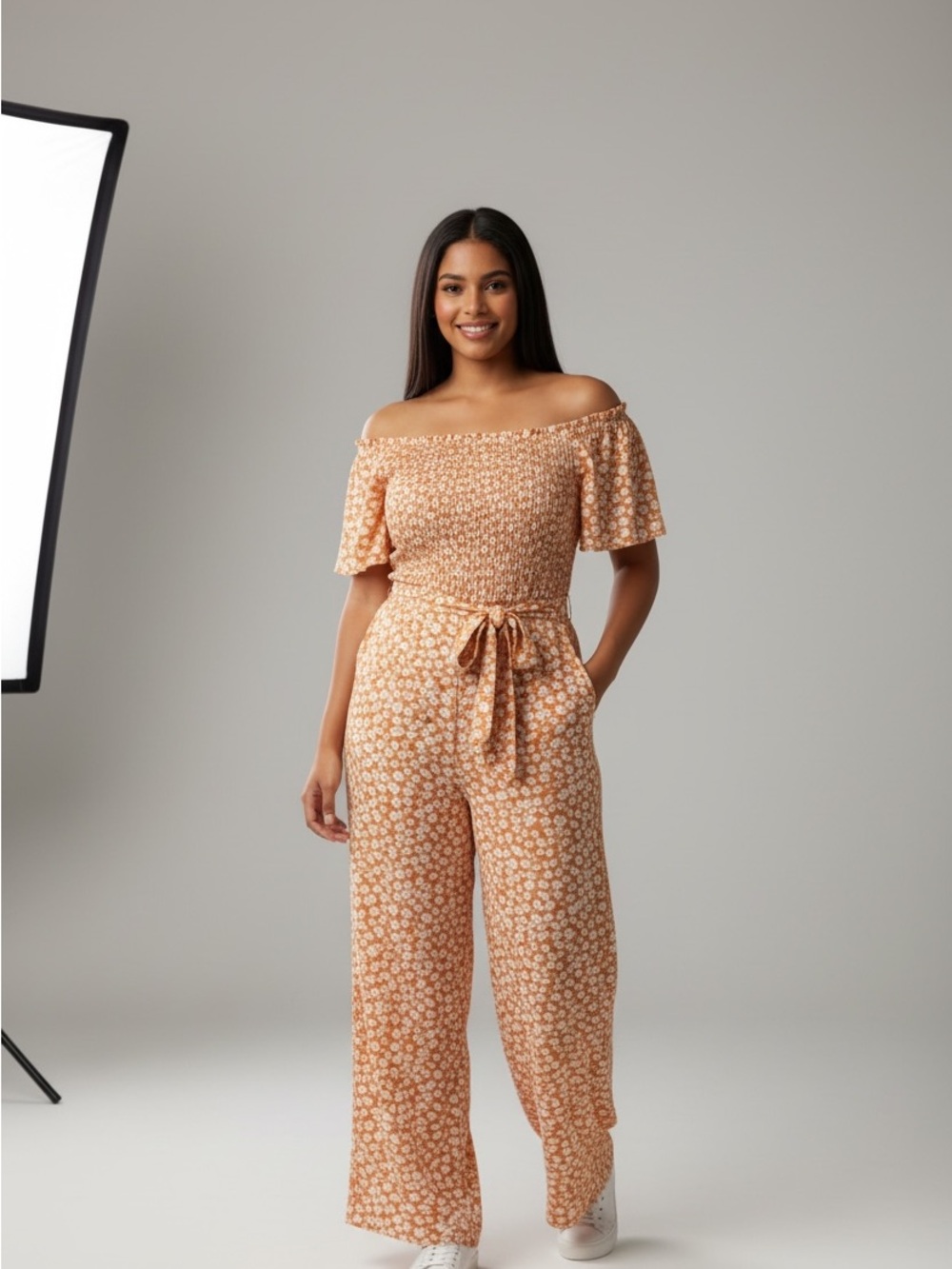 Wide Leg Off-Shoulder Jumpsuit in Peach Floral